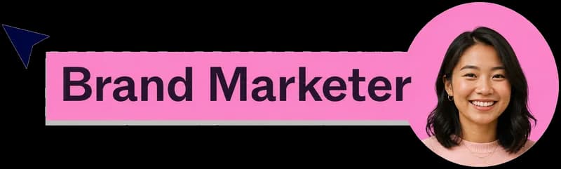 Cursor tag reading 'Brand Marketer' on a pink pill, with a photo of a smiling woman with dark hair.