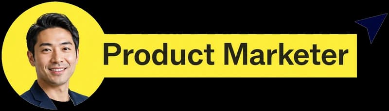Cursor tag reading 'Product Marketer' on a yellow pill, with a photo of a smiling man with short dark hair.