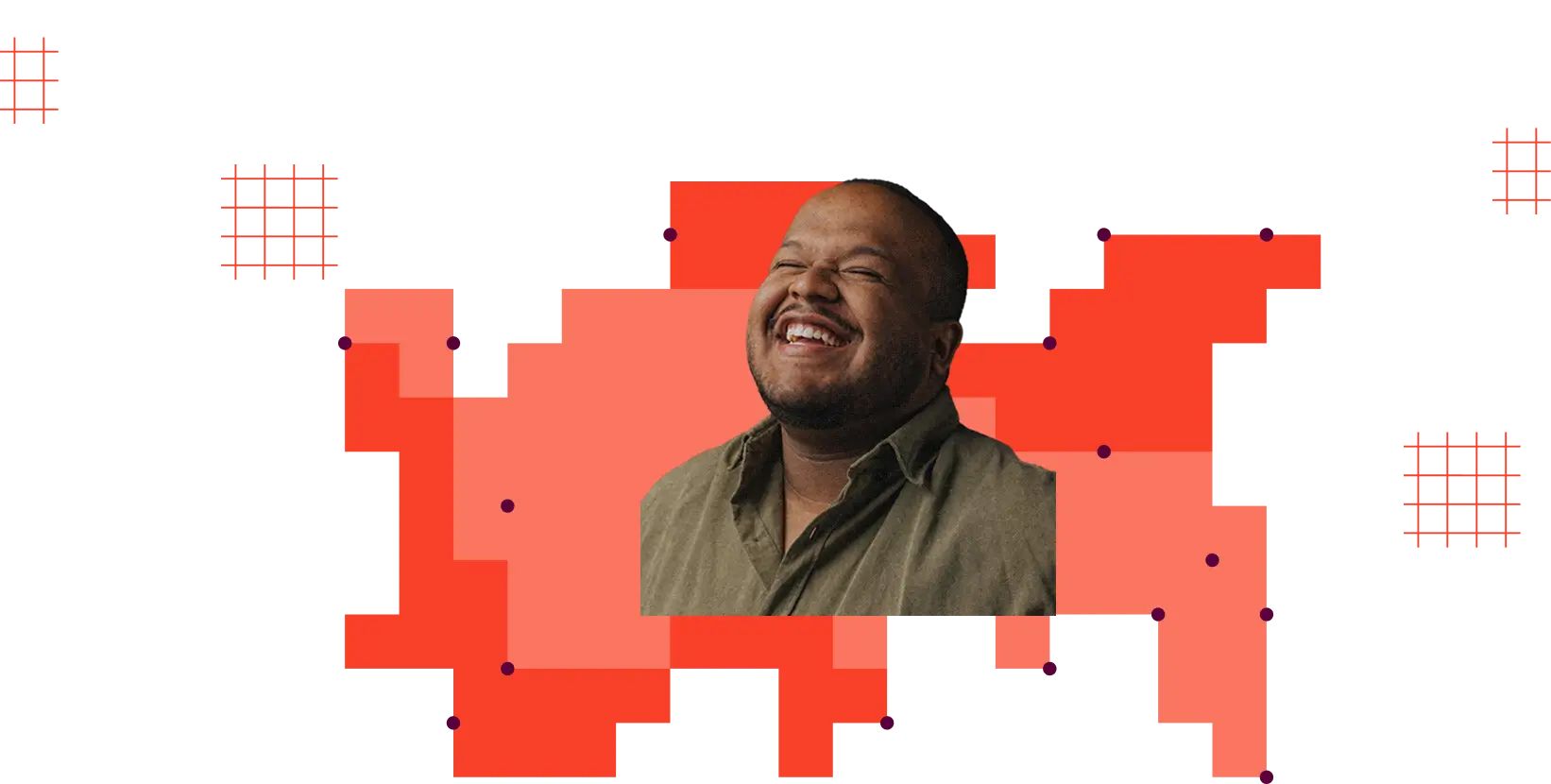Smiling man with a beard wearing an olive green shirt against red and orange pixelated abstract background.
