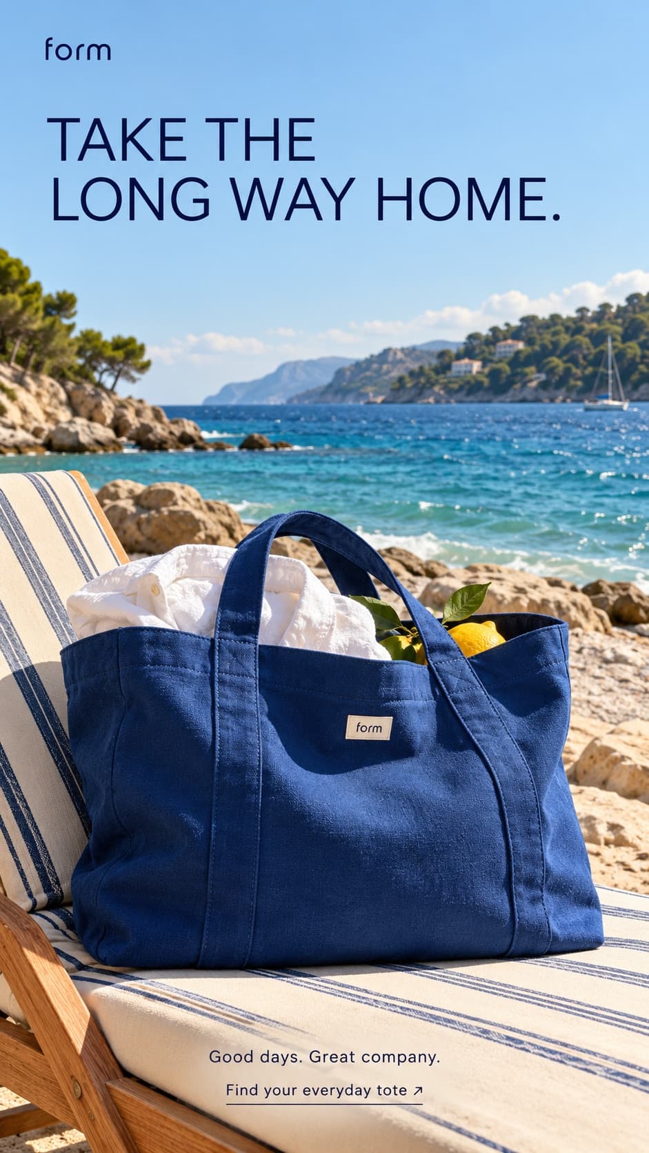 Form lifestyle ad: Take the long way home. Blue tote on a striped beach chair.