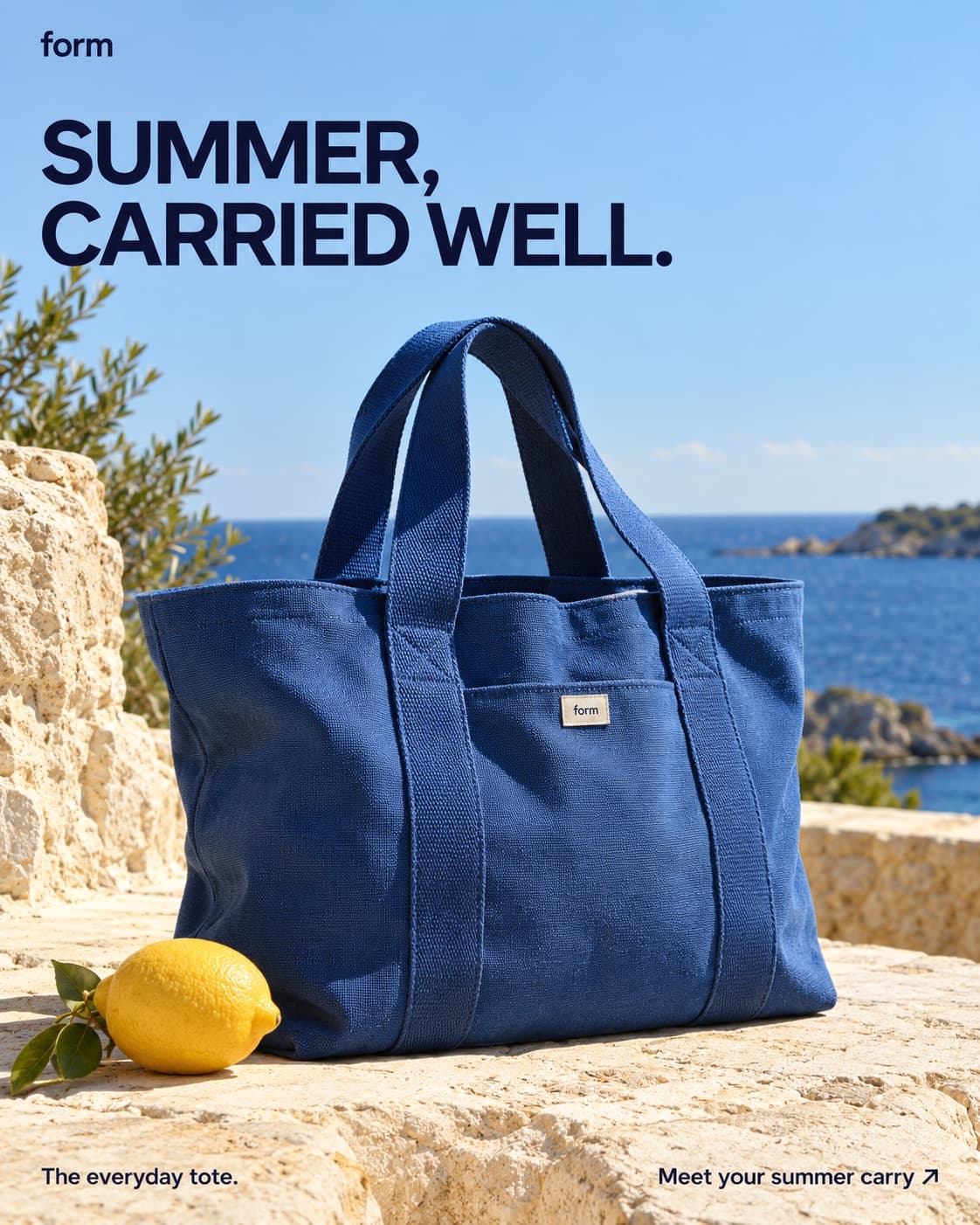 Form tote ad: Summer, carried well. Blue canvas bag photographed by the Mediterranean.